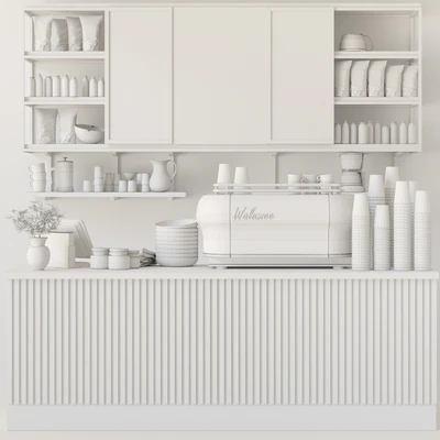 Design project of a cafe in ethnic style with a coffee machine and accessories on the shelves — Ver 2