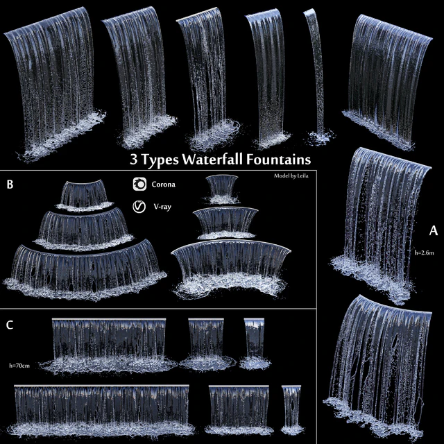 3 types of waterfall Fountains cascade in different sizes — Descargar
