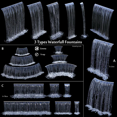 3 types of waterfall Fountains cascade in different sizes — Ver 1