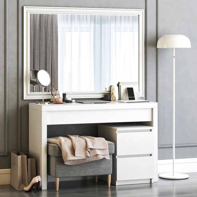IKEA MALM Dressing Table with SONGE wall mirror and Strandmon Gray Ottoman — Скачать
