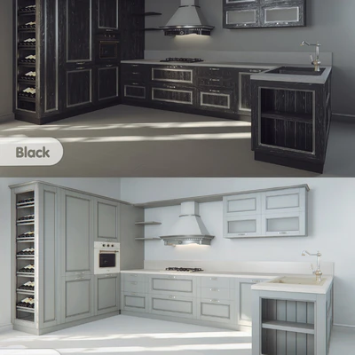 Kitchen TM "DEKS", 4 types of finishes + components (hood, faucet handles, a bottle of wine) — Ver 2