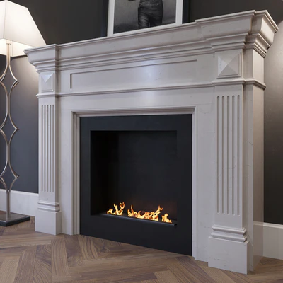 The fireplace is marble with a biotope, floor lamps and a picture. — Ver 3
