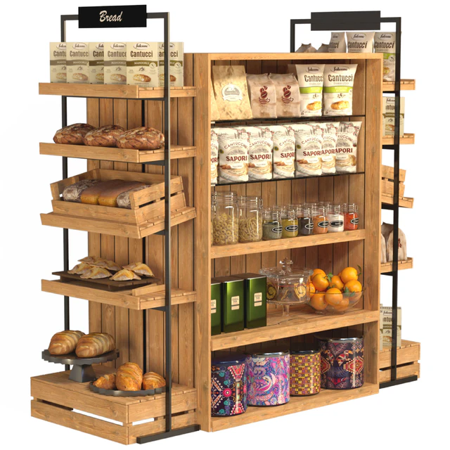 Shelf in a supermarket with products, spices and pastries — Descargar