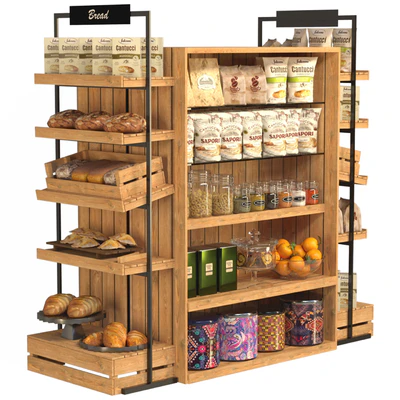 Shelf in a supermarket with products, spices and pastries — Ver 1