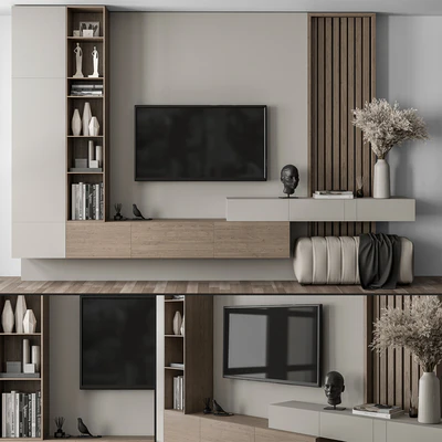 TV Wall Gray and Wood with Hallway Cabinet - Set 37 — Ver 1