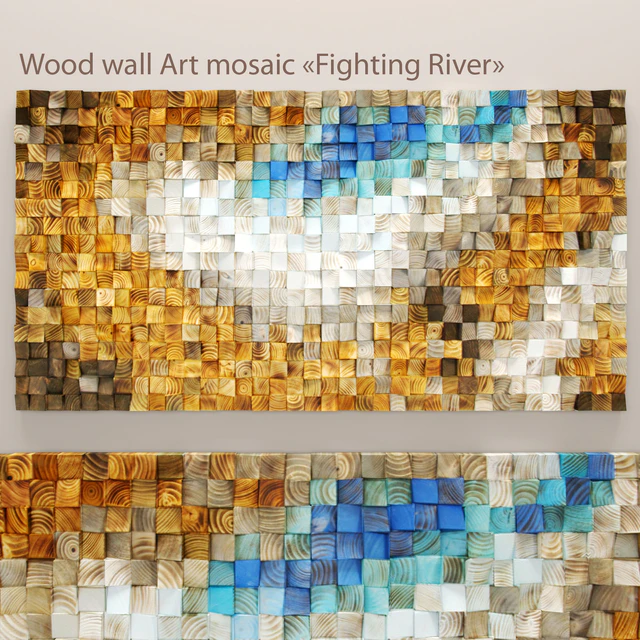 Wood wall Art mosaic "Fighting River", настенный декор, картина, деревянные бруски, мозаика, панно, арт, абстракция — Скачать