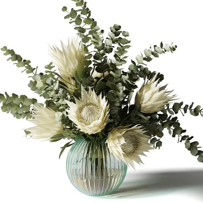 Bouquet with white proteas and eucalyptus in a ribbed glass vase — Ver 1