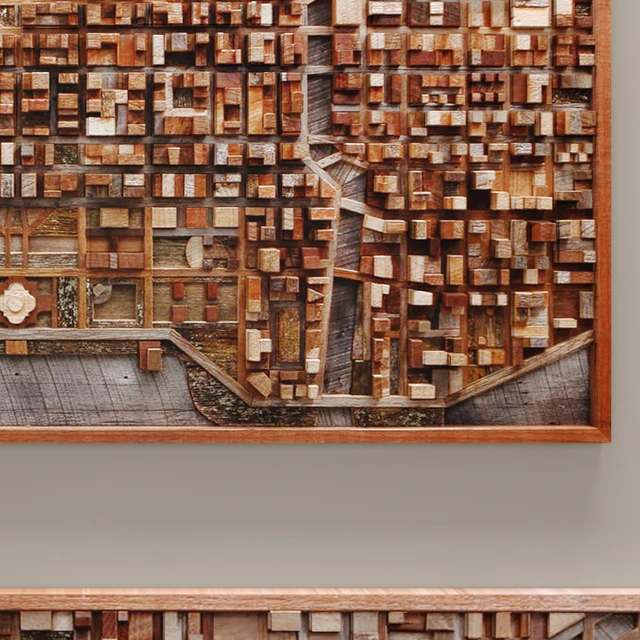 Wood wall art of Chicago cityscape, wall decor, plank panels, wooden decor, boards, wooden wall, panel, slats, city, picture, frame, panel — Download