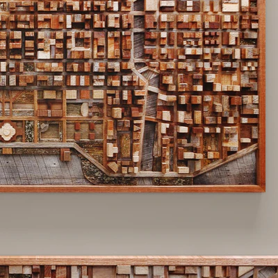 Wood wall art of Chicago cityscape, wall decor, plank panels, wooden decor, boards, wooden wall, panel, slats, city, picture, frame, panel — View 3
