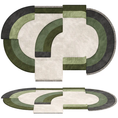 Carpet Contemporary Oval Rug with Geometric Pattern in Green Hues and Beige in Wool — Ver 1