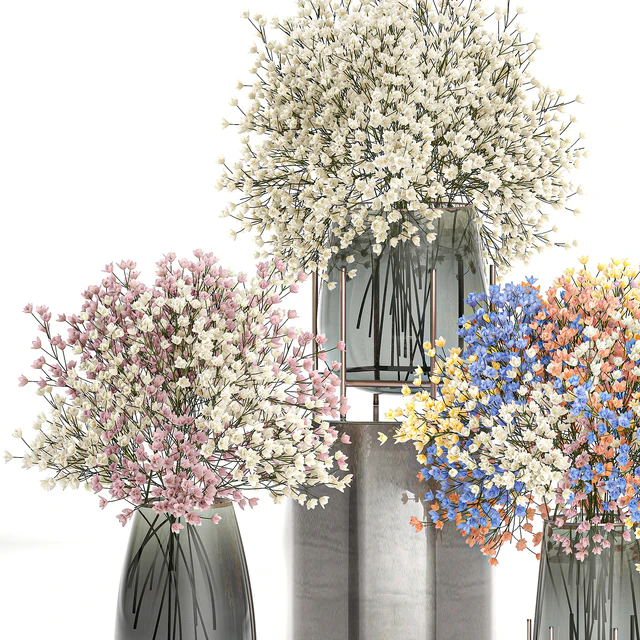 A collection of beautiful lush little white and pink bouquets in glass vases with Gypsophila, Gibsolyubka, Kachim. Set 107. — Descargar