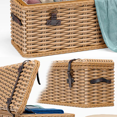 Brenna Leather Accent Woven Rattan Trunk, pouf — Ver 3
