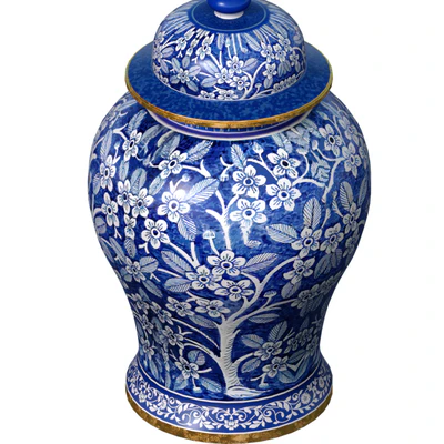 Traditional Ceramic Decorative Blue and White Vase Jar with Sakura Pattern Chinoiserie Ginger Jars — Ver 3