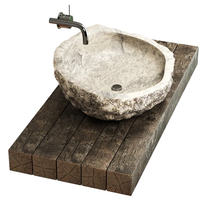 Stone sink on a log countertop — Descargar