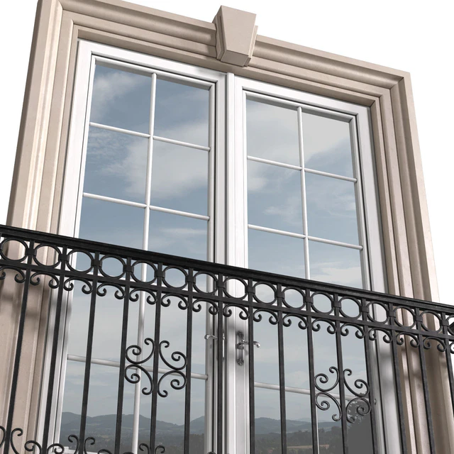 Classical front window with a French balcony.Classical Forged Fence. frame window — Download