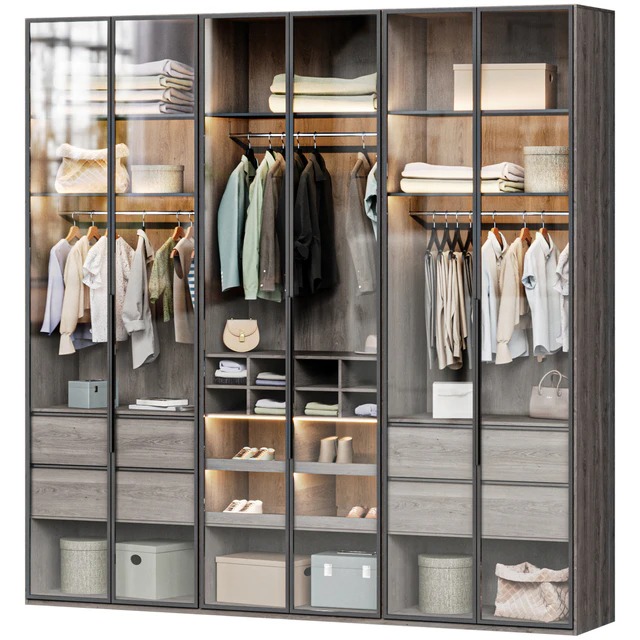 Wardrobe with glass doors 02, filled with clothes — Descargar