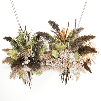 Hanging bouquet and installation under the ceiling, decor above the table made of dried flowers, palm leaf and pampas grass. 232. — Ver 5