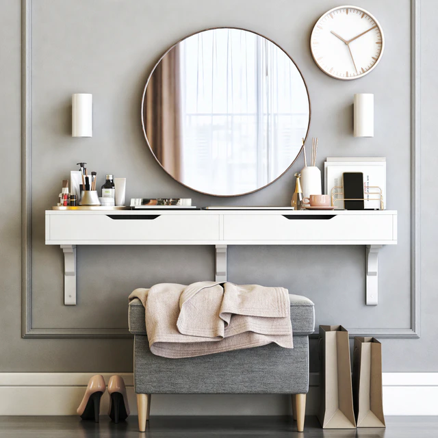 IKEA ALEX dressing table with STRANDMON ottoman and STOCKHOLM round mirror — Download