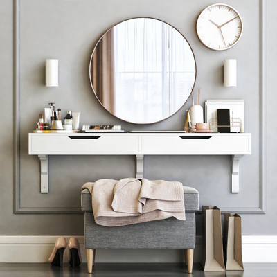 IKEA ALEX dressing table with STRANDMON ottoman and STOCKHOLM round mirror — View 3