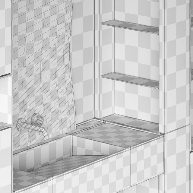 Bathroom furniture set 8. Monochrome grey. Curved mirror shape. Stone sink. Wall-mounted faucet. — Descargar