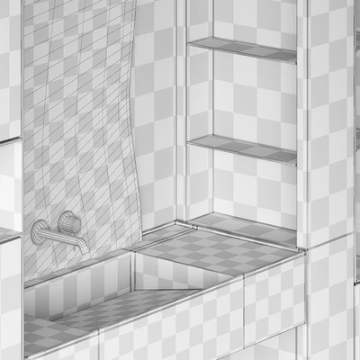 Bathroom furniture set 8. Monochrome grey. Curved mirror shape. Stone sink. Wall-mounted faucet. — Ver 4