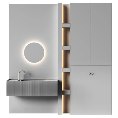 Bathroom furniture with travertine and round mirror — Ver 4