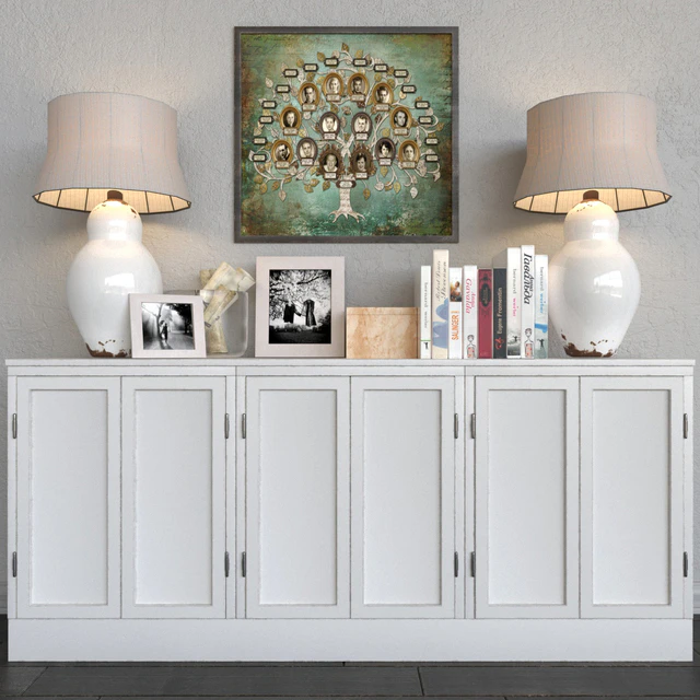 Ethnic chest of drawers with a table lamp, decor, books and accessories — Descargar