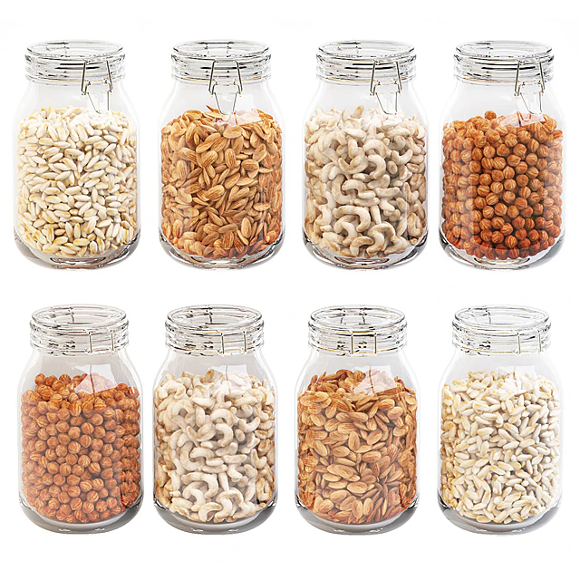 Kitchen glass jars set with nuts — Скачать