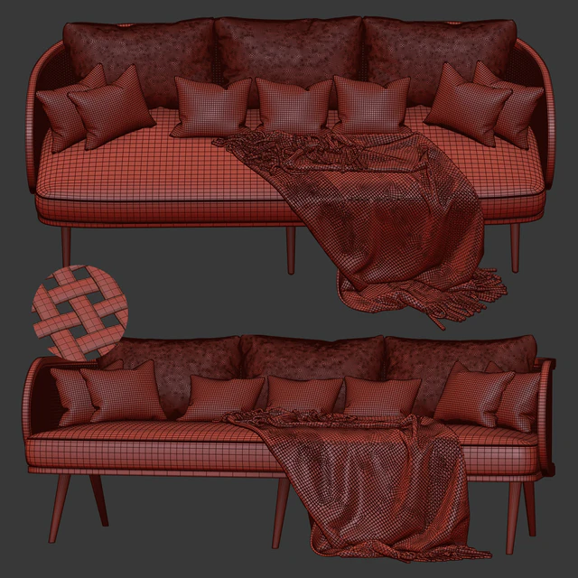 Three-seater wooden rattan sofa CV23 / Three-seater rattan sofa — Descargar