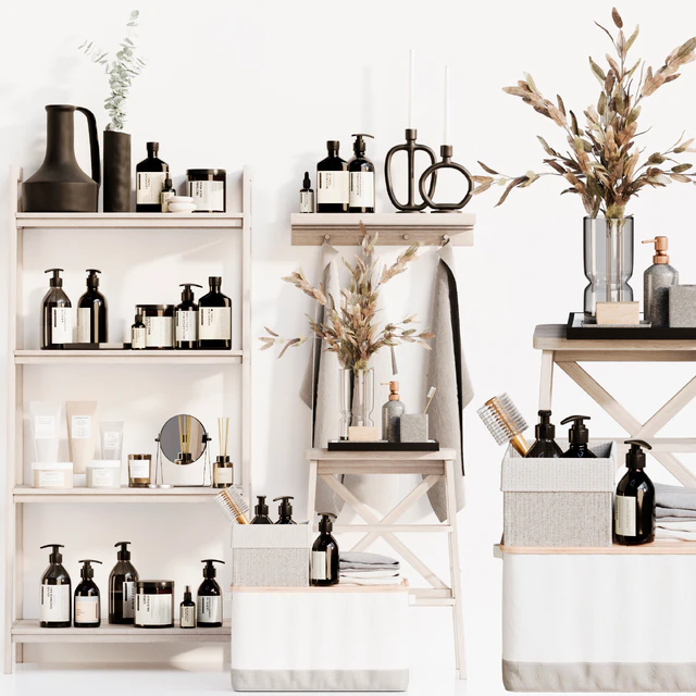 Bathroom accessories 3 bathroom decors, decorative set beige gray — Descargar