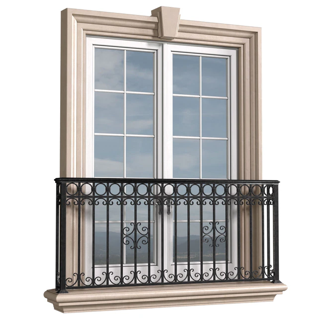 Classical front window with a French balcony.Classical Forged Fence. frame window — Download