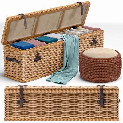 Brenna Leather Accent Woven Rattan Trunk, pouf — Ver 1