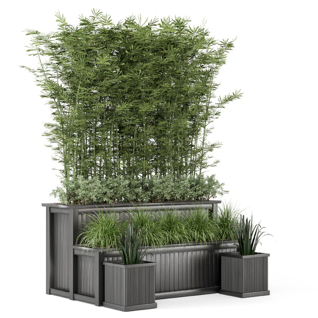 Outdoor Plants Bamboo and bush in Wooden Pot -Set 195 — Скачать