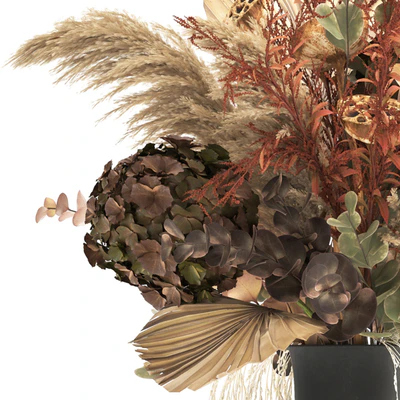 Bouquet of dried flowers in a black vase with dry branches of palm leaves, pampas and Hydrangea. 160. — Ver 5