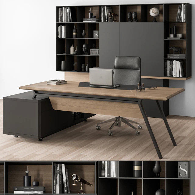 Manager Desk and Library Wood and Black - Office Furniture 266 — Descargar