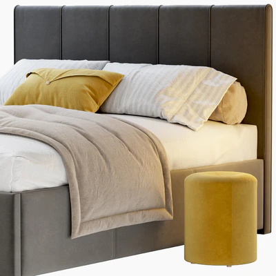 Bed Sharon 160 Velvet Milk / olive / yellow / gray with pouffe Kofi Divanru — Ver 3