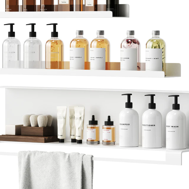 Bathroom decor with a set of different cosmetic products — Descargar