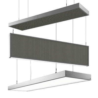 Acoustic panels, hanging elements, lamps. — Ver 1