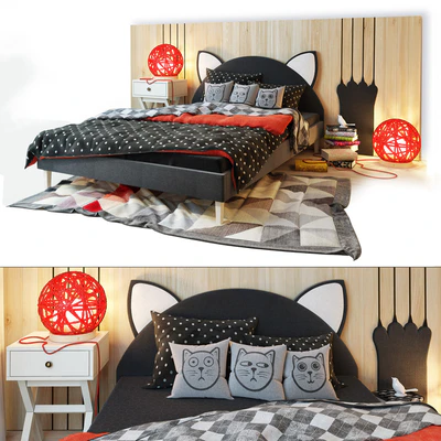 Bed and wooden panel. Kitten.LASKA Family — Ver 1