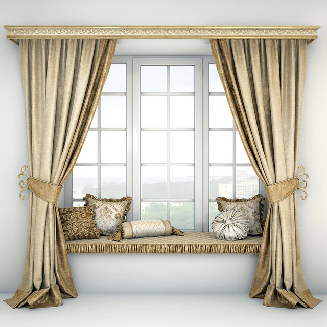 Soft quilted sill with cushions and curtains — Descargar