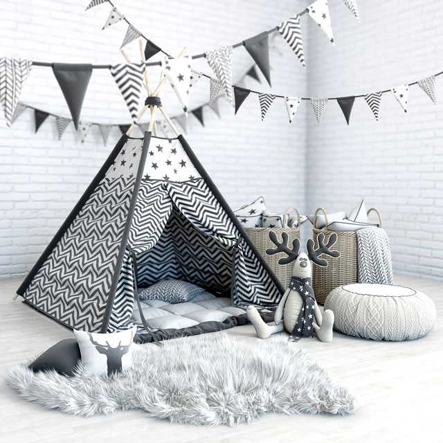 Wigwam with a mattress, pillows, fur skins, baskets, flags and deer — Descargar