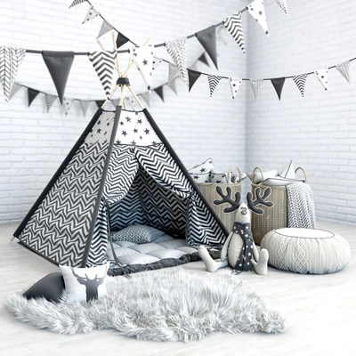 Wigwam with a mattress, pillows, fur skins, baskets, flags and deer — Ver 1