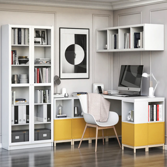 IKEA corner workplace with EKET storages and BILLY OXBERG bookcase — Скачать