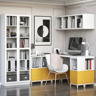 IKEA corner workplace with EKET storages and BILLY OXBERG bookcase — Вид 1