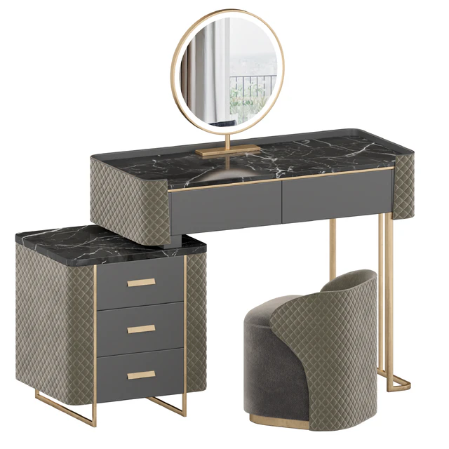 Luxury Makeup Vanity Set with LED Lighted Mirror, Side Cabinet and 5 Drawers, Modern Sintered Stone Dressing Table with Stool for Bedroom — Скачать