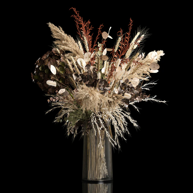 Bouquet in a glass vase made of dried flower, hydrangea, pampas grass, reed, cortaderia, moonflower, wheat, spikelet. 259. — Descargar