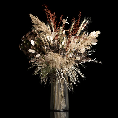 Bouquet in a glass vase made of dried flower, hydrangea, pampas grass, reed, cortaderia, moonflower, wheat, spikelet. 259. — Ver 1