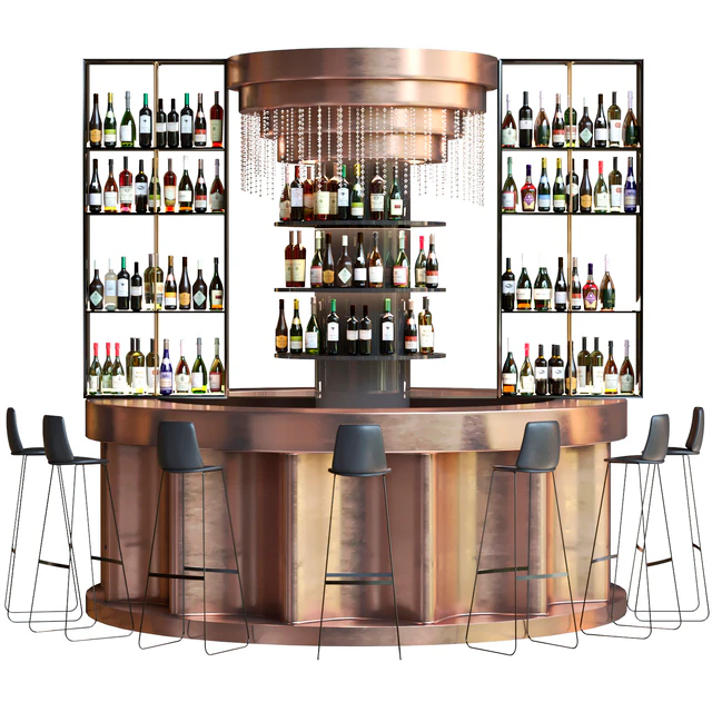 Bar counter with copper decor and strong alcohol. The pub — Descargar