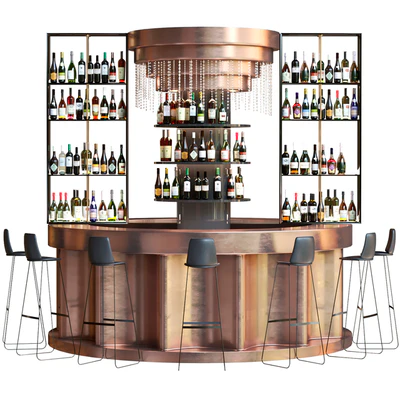 Bar counter with copper decor and strong alcohol. The pub — Ver 1