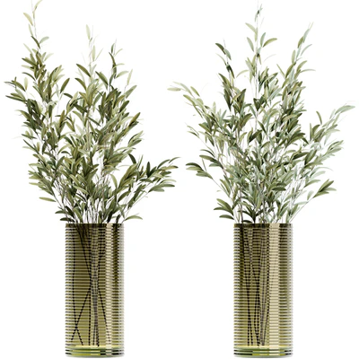 Olive stems in simple glass ribbed vase — View 1